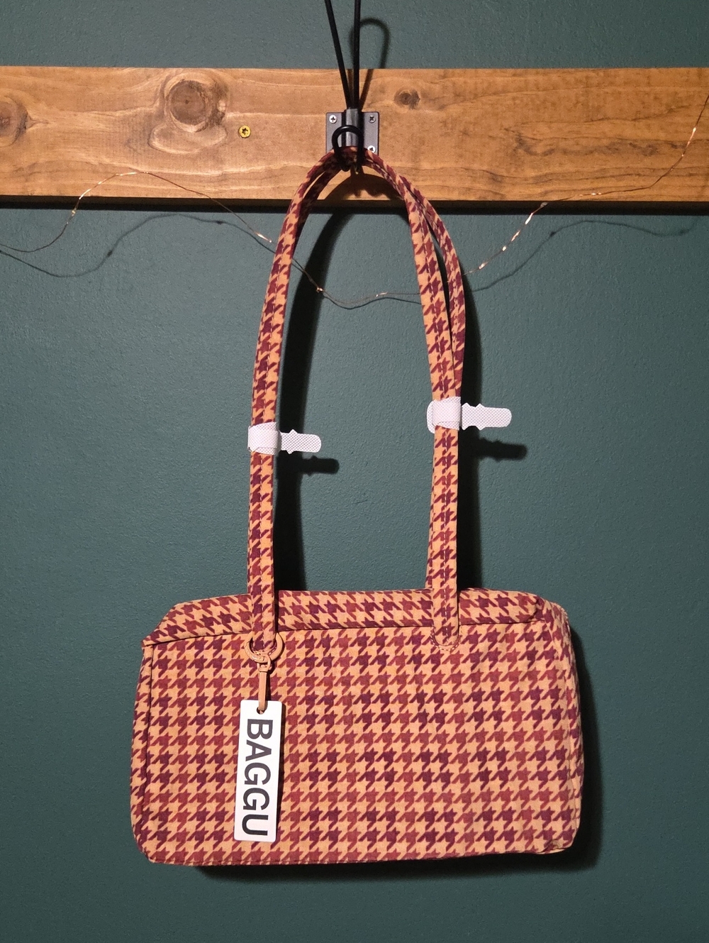BAGGU Tan Houndstooth Bowler Bag